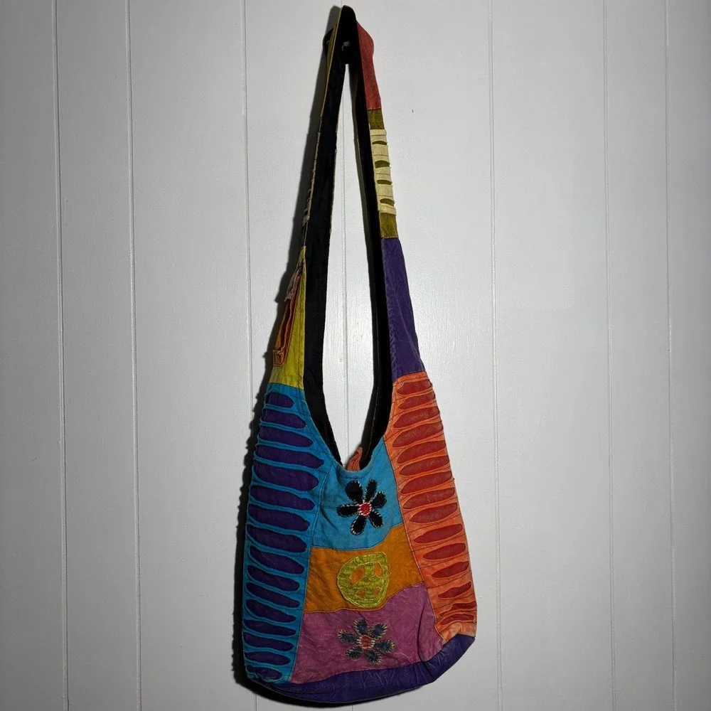 Boho Hippie Patchwork Crossbody Bag Flowers Colorful Indie Festival Sling Peace